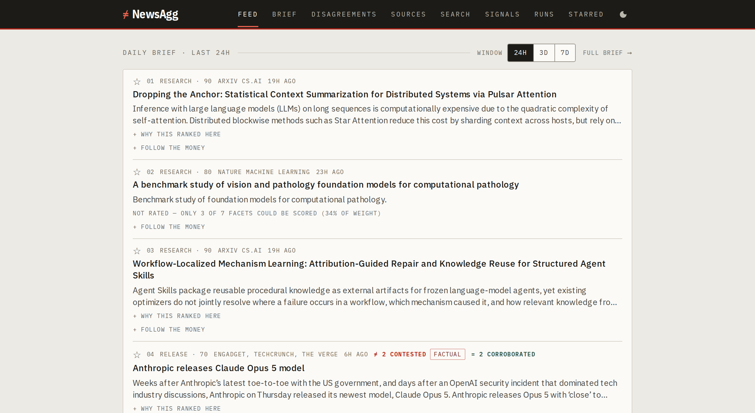 The NewsAgg feed, showing a ranked list of stories. Each carries a rank number, a category, a merit score, its sources and an age. The fourth item, about a model release, is tagged across Engadget, TechCrunch and The Verge with a red '2 contested' marker, a 'factual' label and '2 corroborated'. The second item carries no score at all, reading 'not rated: only 3 of 7 facets could be scored (34% of weight)'. Most items offer an expandable 'why this ranked here' receipt.